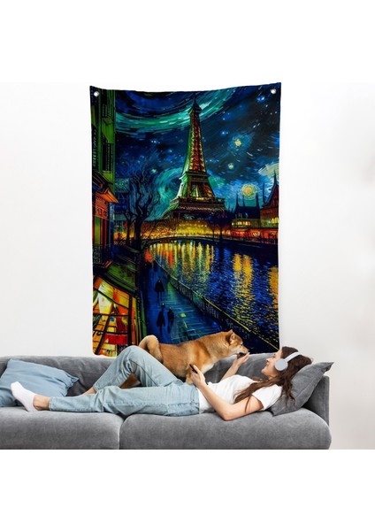 Paris Eyfel Kulesi Van Gogh Tarzı Yıldızlı Geceler Duvar ÖRTÜSÜ-7675