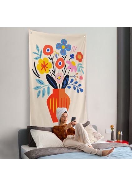 Minimalist Çiçek Mavi Vazoda Renkli Buket Duvar ÖRTÜSÜ-7668