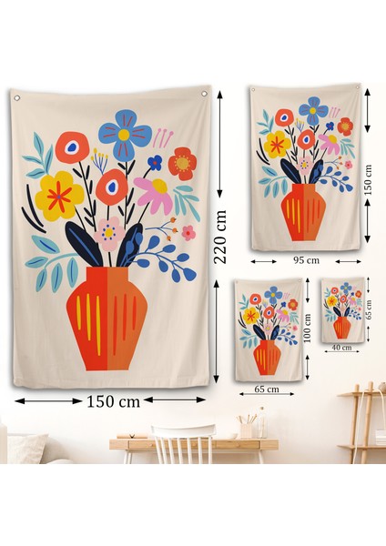 Minimalist Çiçek Mavi Vazoda Renkli Buket Duvar ÖRTÜSÜ-7668