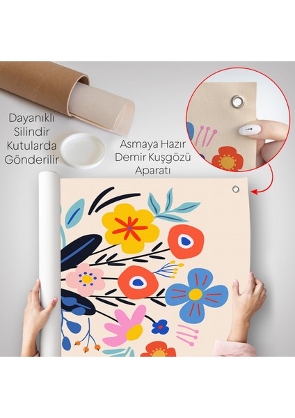 Minimalist Çiçek Mavi Vazoda Renkli Buket Duvar ÖRTÜSÜ-7668