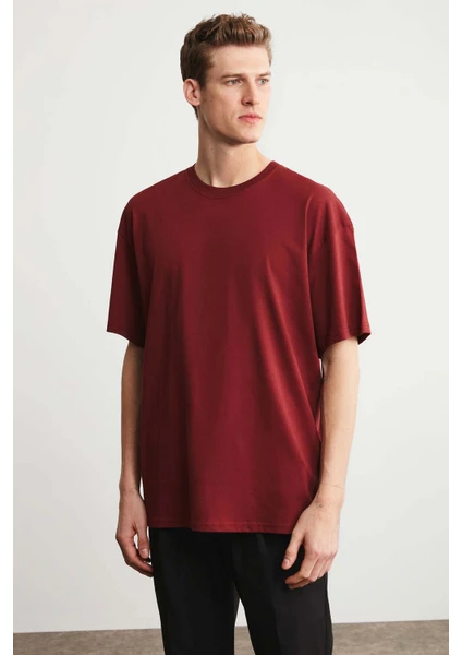 Jett Erkek Oversize Fit %100 Pamuk Kalın Dokulu Bordo T-shirt