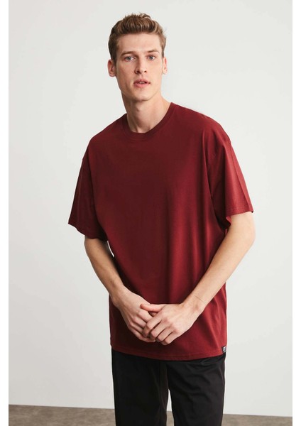 Jett Erkek Oversize Fit %100 Pamuk Kalın Dokulu Bordo T-shirt