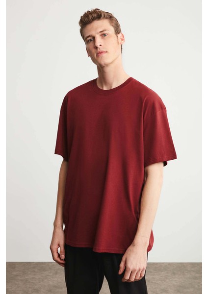 Jett Erkek Oversize Fit %100 Pamuk Kalın Dokulu Bordo T-shirt