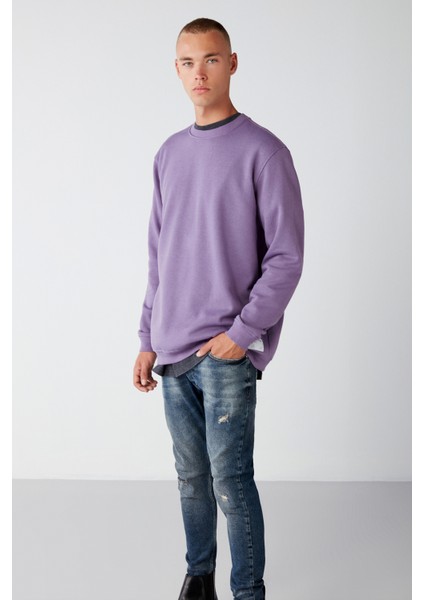 Travis Erkek Yumuşacık Kumaşlı Regular Fit Yuvarlak yakalı Mor Sweatshirt modelleri
