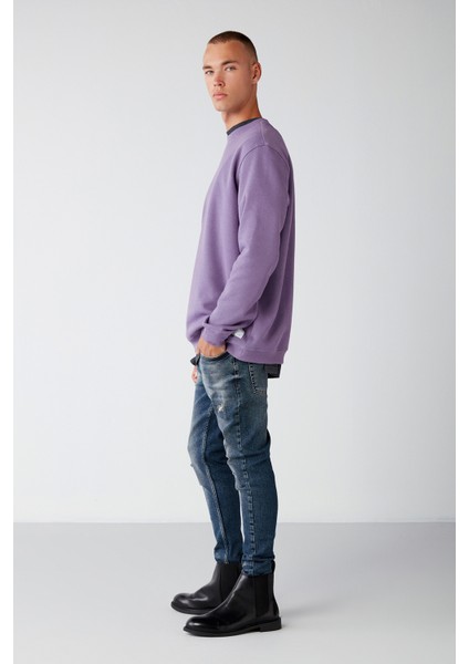 Travis Erkek Yumuşacık Kumaşlı Regular Fit Yuvarlak yakalı Mor Sweatshirt fırsatları