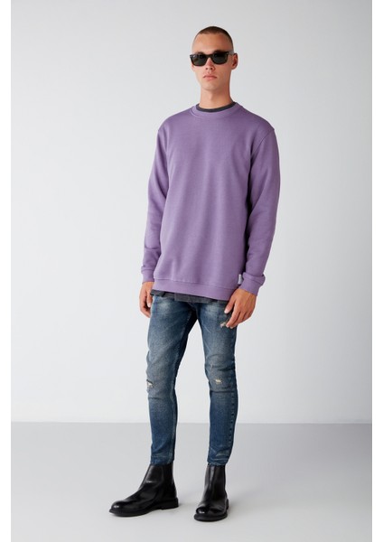 Travis Erkek Yumuşacık Kumaşlı Regular Fit Yuvarlak yakalı Mor Sweatshirt indirimleri