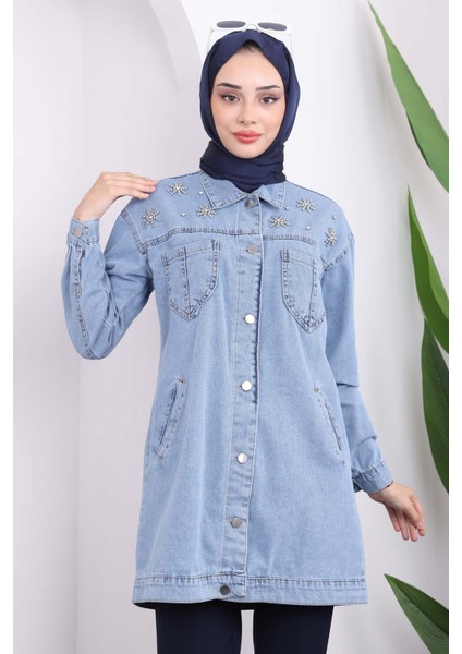 Mavi Cepli Taş Detaylı Kadın Kot Ceket Dokuma Kumaşla Şık Tasarım