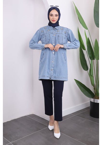 Mavi Cepli Taş Detaylı Kadın Kot Ceket Dokuma Kumaşla Şık Tasarım fiyatları