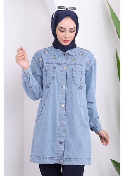 Mavi Cepli Taş Detaylı Kadın Kot Ceket Dokuma Kumaşla Şık Tasarım modelleri