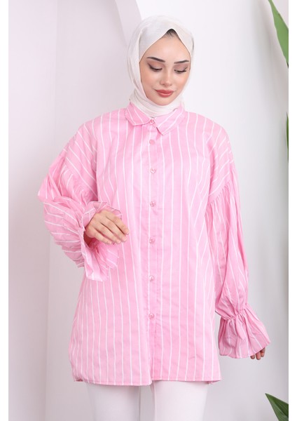 İmaj Butik Pembe Kol Lastikli Çizgili Gömlek