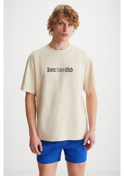 Kaisen Erkek Pamuk kısa Kol Baskılı Regular Fit Bej T-Shirt