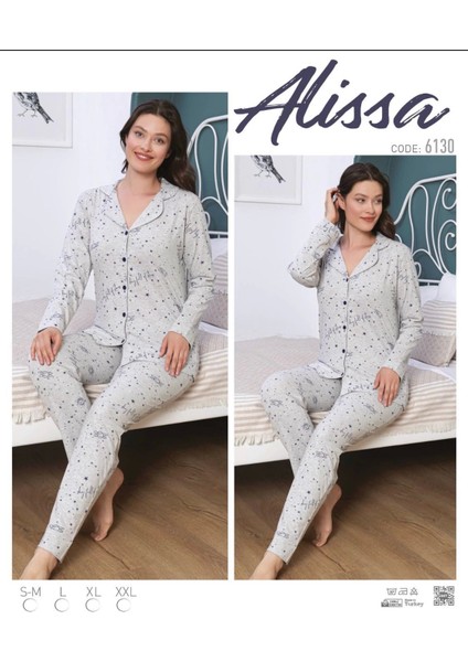 Alissa 6130 Kadın Gri Yıldızlı Uzun Kol Patlı Pijama Takımı