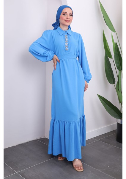 Mavi Yaka Taşlı Eteği Katlı Elbise