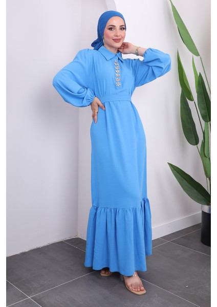 Mavi Yaka Taşlı Eteği Katlı Elbise fiyatları