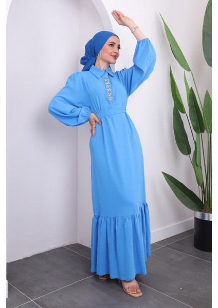 Mavi Yaka Taşlı Eteği Katlı Elbise modelleri