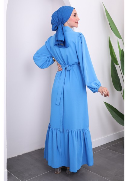 Mavi Yaka Taşlı Eteği Katlı Elbise indirimleri