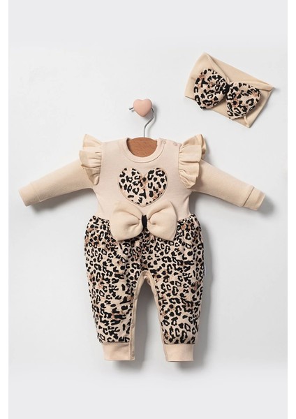 3-6-9 Ay Kız Bebek Tulum Leopar Desenli Fiyonklu %100 Pamuk Krem