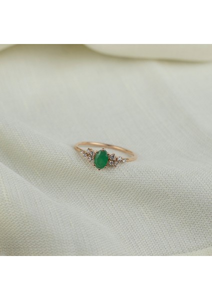 Yeşil Oval Taşlı 925 Ayar Minimal Rose Gümüş Yüzük modelleri