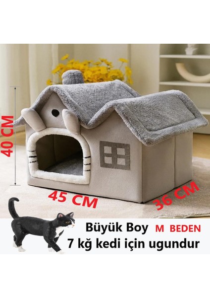 Tineke Kedi Evi Yumuşak Kedi Yatağı Derin Uyku ve Kış Evi Çıkarılabilir Minder -Villa (Gri) 1 Adet