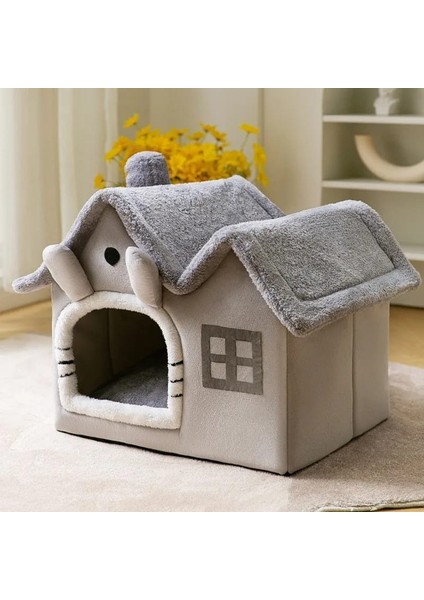 Tineke Kedi Evi Yumuşak Kedi Yatağı Derin Uyku ve Kış Evi Çıkarılabilir Minder -Villa (Gri) 1 Adet