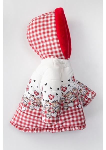 Yeni Sevimli Özel Tasarım Bear Baskılı Fırfır Detaylı Varaklı Içi Kürklü Kışlık Kaban- Mont fiyatları