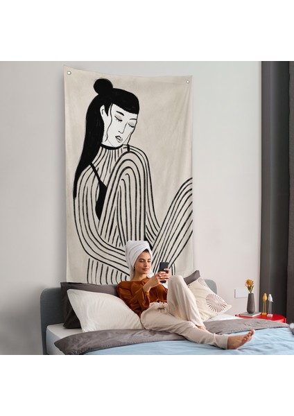 Handdrawn Oturan Kadın Duvar ÖRTÜSÜ-7981