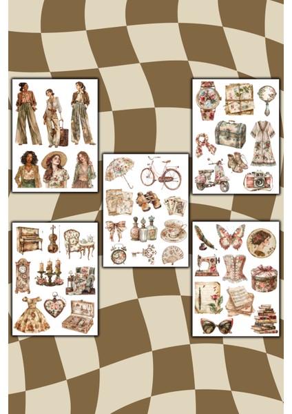 5 Sayfa Vintage Nostaljik Sticker Seti - Ajanda Bullet Journal Scrapbook Laptop Telefon Için Etiket