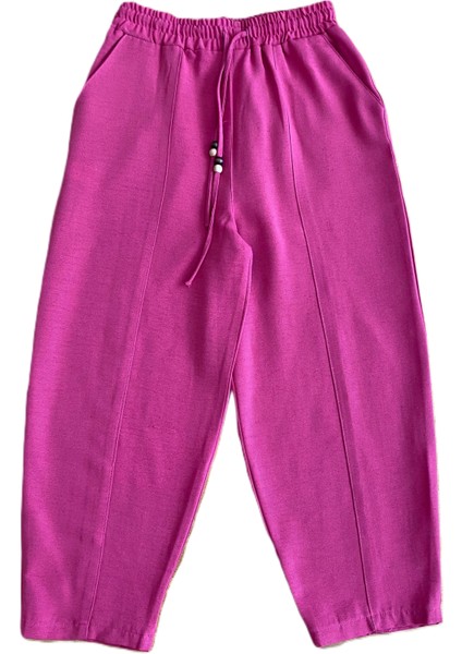 Kadın Beli Lastikli Biyeli Ince Yazlık Keten Pantolon Koyu Pembe