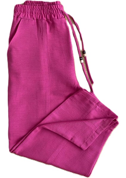 Kadın Beli Lastikli Biyeli Ince Yazlık Keten Pantolon Koyu Pembe fiyatları