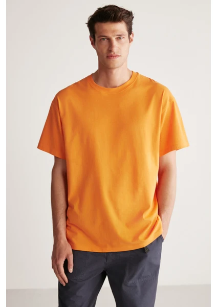 Jett Erkek Oversize Fit %100 Pamuk Kalın Dokulu Turuncu T-shirt