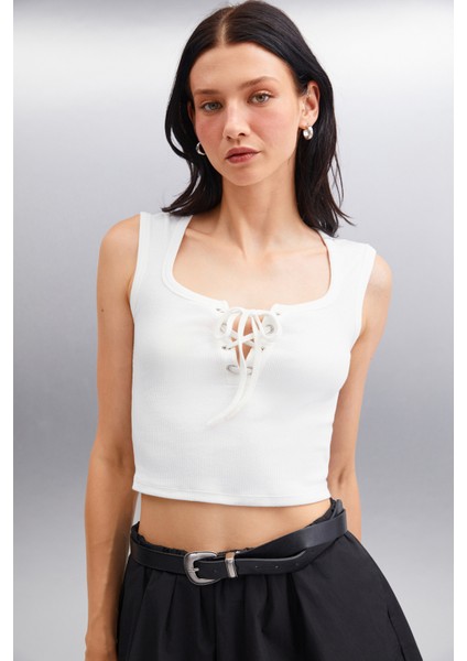 Paolina Kadın Crop Ekru Bluz