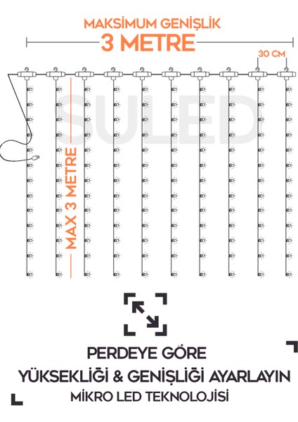 Perde LED 3x3 Metre Kumandalı 8 Mod Ambiyans Ayarlabilir Boy Dekor Mikro LED Işık