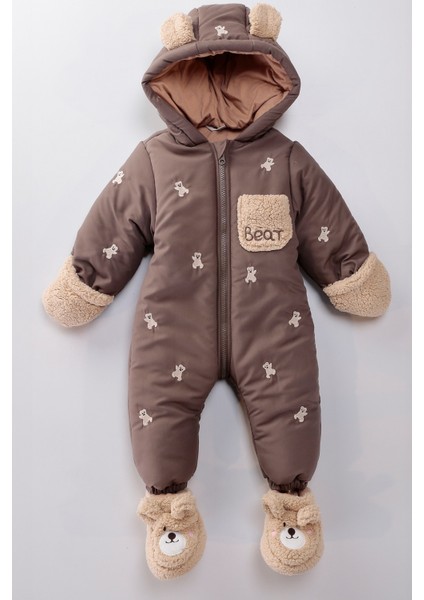 Yeni Trend Bebek Sevimli Ayı Figürlü Kışlık Kürklü Patik-Eldivenli Kapüşonlu Kozmonot-Astronot Tulum