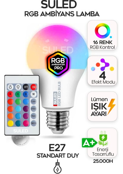 Rgb LED Ampül Kumandalı Ambiyans Aydınlatma Tasarruflu Lamba Renk Değiştiren LED Işık