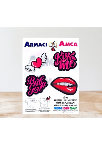 Ütü Ile Yapışan 4 Adet Örme Kumaş Arma Yırtık Kapatıcı Pratik Yama Tekstil Patch Pembe Fuşya Güzel Yazılar Kalp Aşk