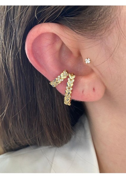 Pinery Jewels Zirkon Taşlı Sıralı Kalp Altın Kaplama Kadın Earcuff Kıkırdak Küpe