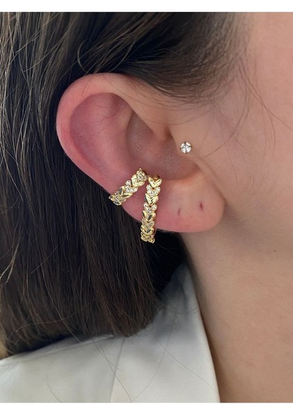 Pinery Jewels Zirkon Taşlı Sıralı Kalp Altın Kaplama Kadın Earcuff Kıkırdak Küpe