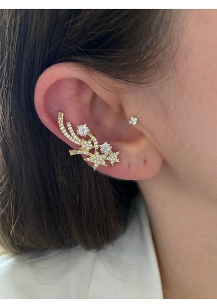 Pinery Jewels Kayan Yıldız Altın Kaplama Kadın Earcuff Kıkırdak Küpe