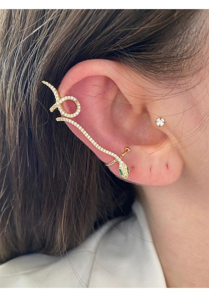 Pinery Jewels Zümrüt Taşlı Yılan Altın Kaplama Kadın Earcuff Kıkırdak Küpe