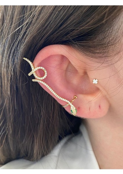 Pinery Jewels Zümrüt Taşlı Yılan Altın Kaplama Kadın Earcuff Kıkırdak Küpe