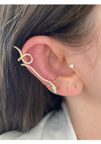 Pinery Jewels Zümrüt Taşlı Yılan Altın Kaplama Kadın Earcuff Kıkırdak Küpe