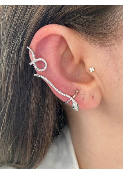 Pinery Jewels Zümrüt Taşlı Yılan Altın Kaplama Kadın Earcuff Kıkırdak Küpe