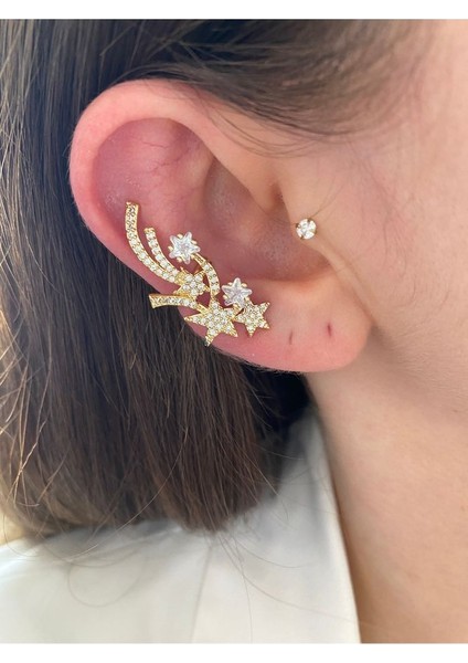 Pinery Jewels Kayan Yıldız Altın Kaplama Kadın Earcuff Kıkırdak Küpe