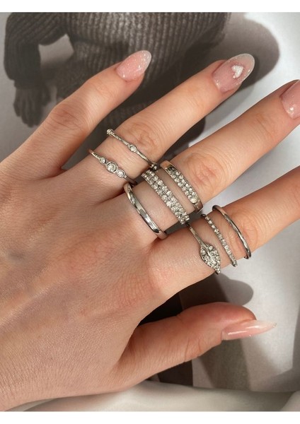 Pinery Jewels Zirkon Taşlı Gümüş Renk Çoklu Kadın Yüzük Seti