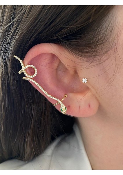 Pinery Jewels Zümrüt Taşlı Yılan Altın Kaplama Kadın Earcuff Kıkırdak Küpe