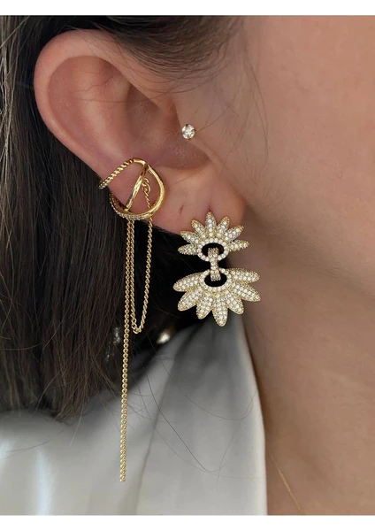 Pinery Jewels Sallantılı Zirkon Taşlı Altın Kaplama Kadın Earcuff Kıkırdak Küpe