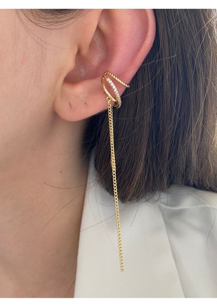 Pinery Jewels Sallantılı Zirkon Taşlı Altın Kaplama Kadın Earcuff Kıkırdak Küpe