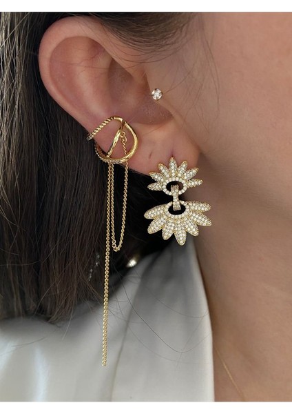 Pinery Jewels Sallantılı Zirkon Taşlı Altın Kaplama Kadın Earcuff Kıkırdak Küpe