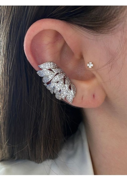 Pinery Jewels Iri Zirkon Taşlı Yaprak  Altın Kaplama Kadın Earcuff Kıkırdak Küpe