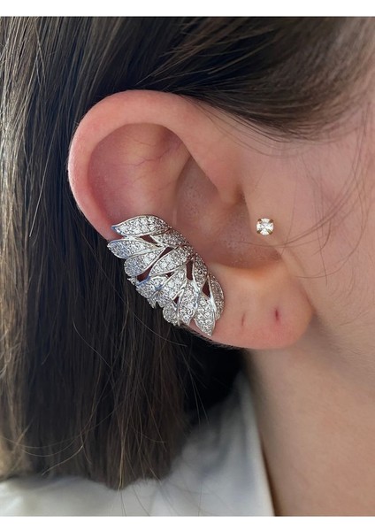 Pinery Jewels Iri Zirkon Taşlı Yaprak  Altın Kaplama Kadın Earcuff Kıkırdak Küpe